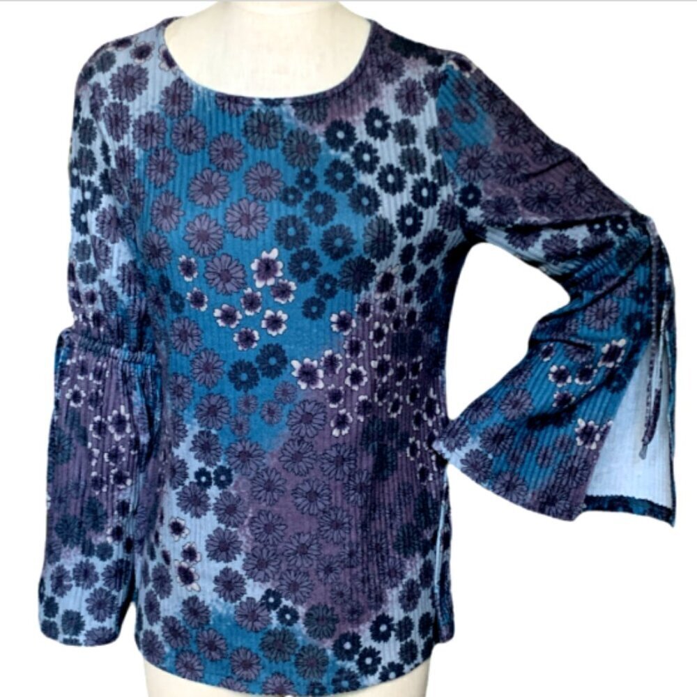 Luukse Floral Ribbed Knit‎ Slit Bell Sleeve Top Sz L Blue Purple #61L